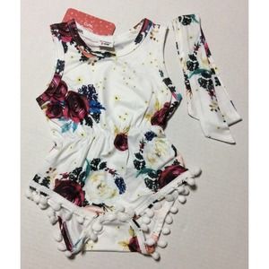 2 Pieces Floral Print Sleeveless Baby Girl Romper